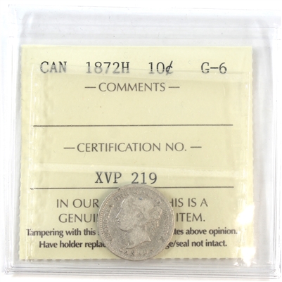 1872H Canada 10-cents ICCS Certified G-6