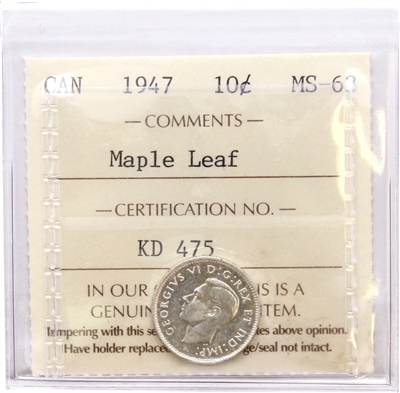 1947 Maple Leaf Canada 10-cents ICCS Certified MS-63