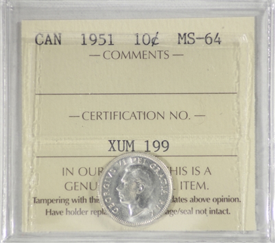 1951 Canada 10-cents ICCS Certified MS-64