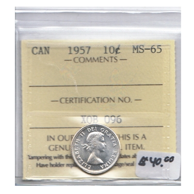 1957 Canada 10-cents ICCS Certified MS-65