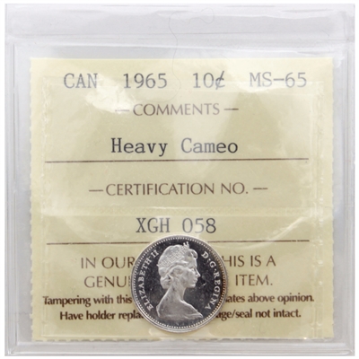 1965 Canada 10-cents ICCS Certified MS-65 Heavy Cameo