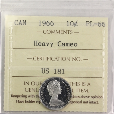 1966 Canada 10-cents ICCS Certified PL-66 Heavy Cameo