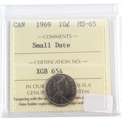 1969 Small Date Canada 10-cents ICCS Certified MS-65