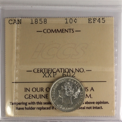 1858 Canada 10-cents ICCS Certified EF-45 (XXP 602)
