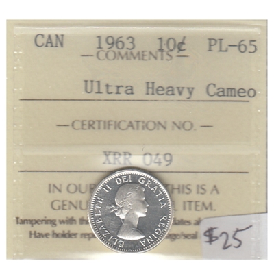 1963 Canada 10-cents ICCS Certified PL-65 Ultra Heavy Cameo
