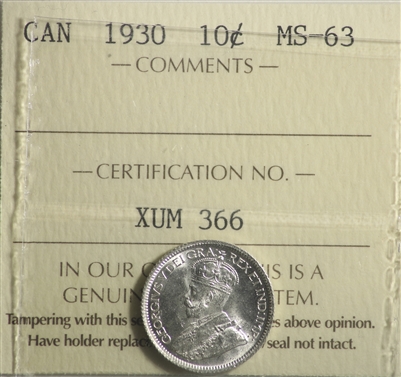 1930 Canada 10-cents ICCS Certified MS-63 (XUM 366)
