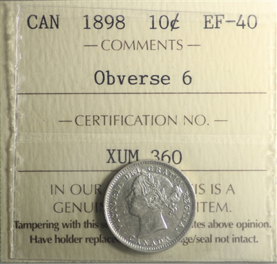 1898 Obv. 6 Canada 10-cents ICCS Certified EF-40