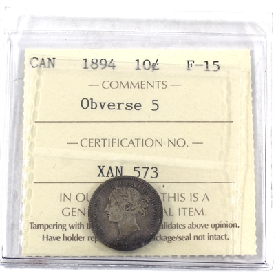 1894 Obv. 5 Canada 10-cents ICCS Certified F-15