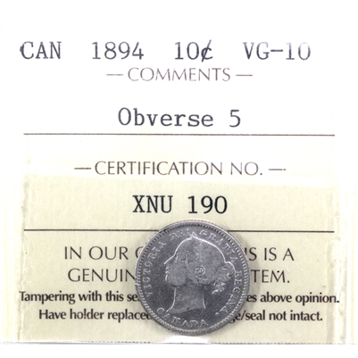 1894 Obv. 5 Canada 10-cents ICCS Certified VG-10