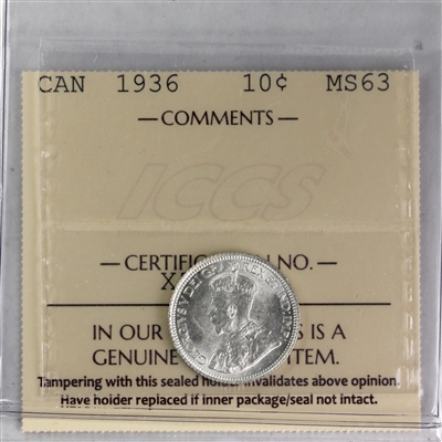 1936 Canada 10-cents ICCS Certified MS-63 (XZL 322)