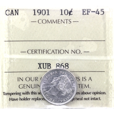 1901 Canada 10-cents ICCS Certified EF-45 (XUB 868)