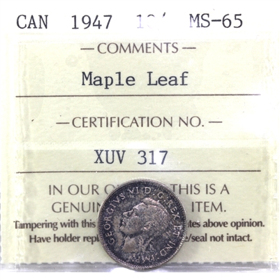 1947 Maple Leaf Canada 10-cents ICCS Certified MS-65 (XUV 317)