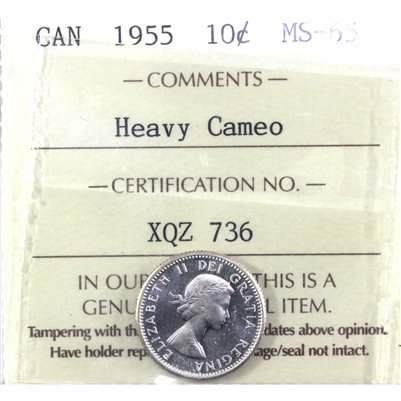 1955 Canada 10-cents ICCS Certified MS-65 Heavy Cameo (XQZ 736)
