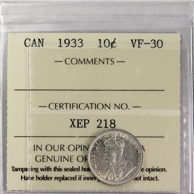 1933 Canada 10-cents ICCS Certified VF-30