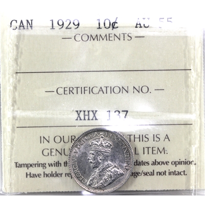 1929 Canada 10-cents ICCS Certified AU-55