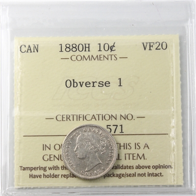 1880H Obv. 1 Canada 10-cents ICCS Certified VF-20