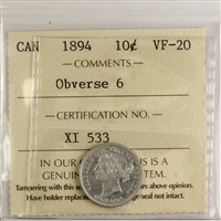 1894 Obv. 6 Canada 10-cents ICCS Certified VF-20