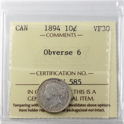 1894 Obv. 6 Canada 10-cents ICCS Certified VF-30