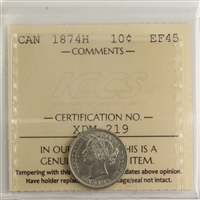 1874H Canada 10-cents ICCS Certified EF-45