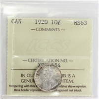 1920 Canada 10-cents ICCS Certified MS-63 (XRN 654)