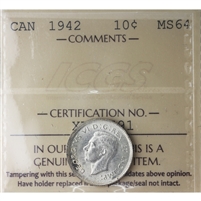 1942 Canada 10-cents ICCS Certified MS-64 (XWJ 791)