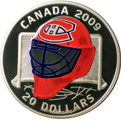 2009 Canada $20 Montreal Canadiens NHL Goalie Mask & Acrylic Stand Sterling Silver (Capsule Lightly Scuffed)