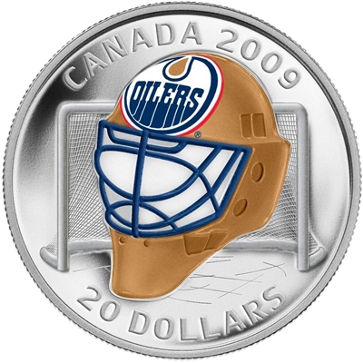 2009 Canada $20 Edmonton Oilers NHL Goalie Mask & Acrylic Stand Sterling Silver