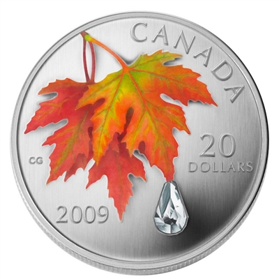 2009 Canada $20 Autumn Showers Crystal Raindrop Fine Silver