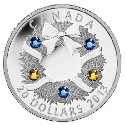 2013 Canada $20 Holiday Wreath with Crystals Fine Silver