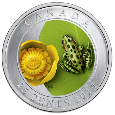 2014 Canada 25-cent Flower & Fauna - Water-Lily and Leopard Frog Cupronickel