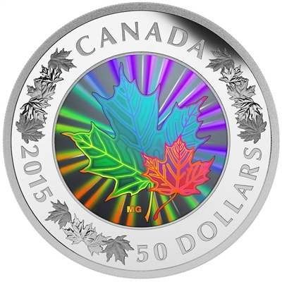 2015 Canada $50 Lustrous Maple Leaves 5oz. Fine Silver Hologram (TAX Exempt)