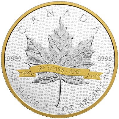 2018 Canada $10 SML Tribute to 30 Years 2oz. Gold Plated Fine Silver (No Tax)