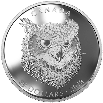 2018 Canada $30 Zentangle Art - The Great Horned Owl Fine Silver Coin (No Tax)