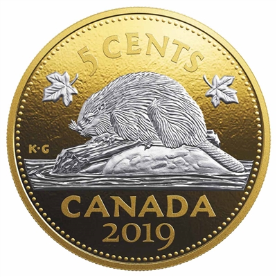 2019 Canada 5-cent Big Coin Reverse Gold Plated 5oz. Silver (No Tax)