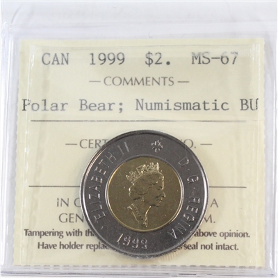 1999 Polar Bear Canada Two Dollar ICCS Certified MS-67 Numismatic BU