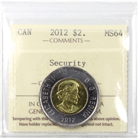 2012 Security Canada Two Dollar ICCS Certified MS-64