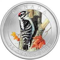 2008 25-cent Birds of Canada - Downy Woodpecker (small tear on label)