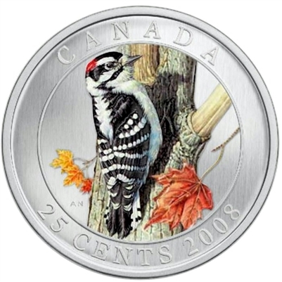 2008 25-cent Birds of Canada - Downy Woodpecker (small tear on label)