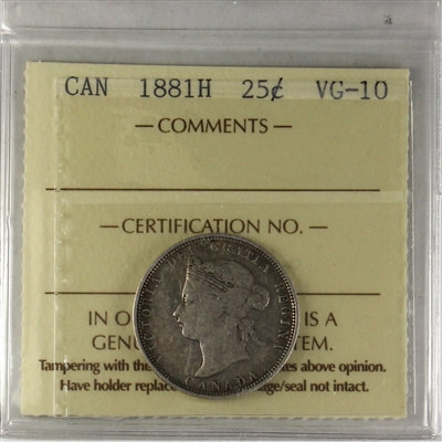 1881H Canada 25-cents ICCS Certified VG-10