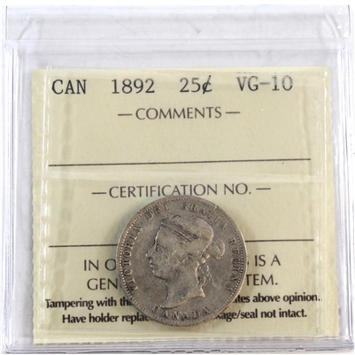 1892 Canada 25-cents ICCS Certified VG-10