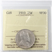 1910 Canada 25-cents ICCS Certified VF-30