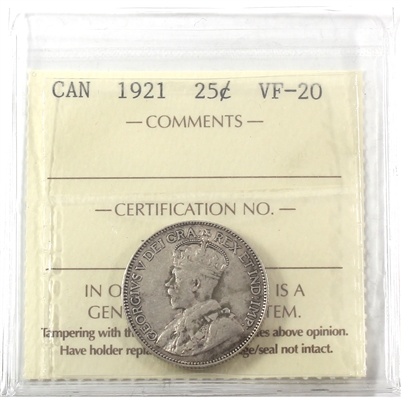 1921 Canada 25-cents ICCS Certified VF-20