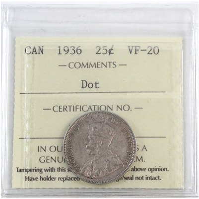 1936 Dot Canada 25-cents ICCS Certified VF-20