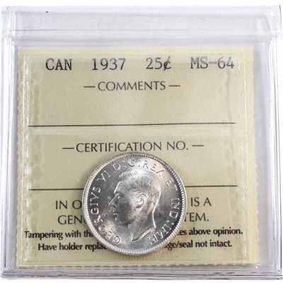 1937 Canada 25-cents ICCS Certified MS-64