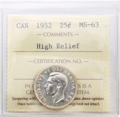 1952 High Relief Canada 25-cents ICCS Certified MS-63