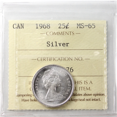 1968 Silver Canada 25-cents ICCS Certified MS-65