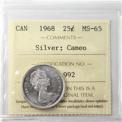 1968 Silver Canada 25-cents ICCS Certified MS-65 Cameo