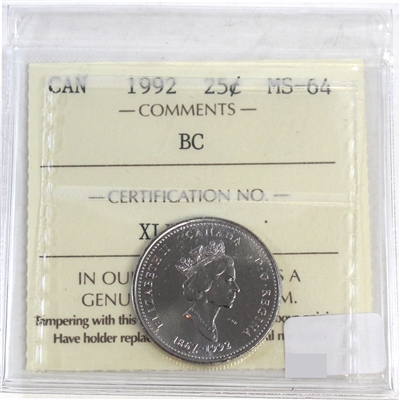 1992 British Columbia Canada 25-cents ICCS Certified MS-64