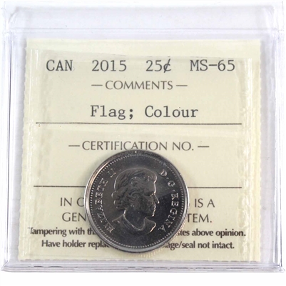 2015 Coloured Flag Canada 25-cents ICCS Certified MS-65