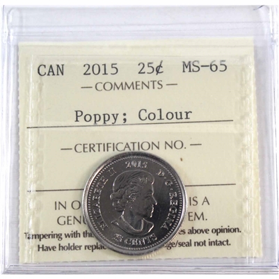 2015 Poppy Coloured Canada 25-cents ICCS Certified MS-65